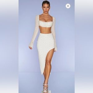 Oh Polly Embellished Ivory Pearl Skirt Top Set